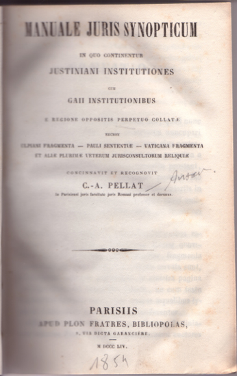 Picture of Manuale Juris Synopticum In Quo Continentur Justiniani Institutiones Cum Gaii Institutionibus