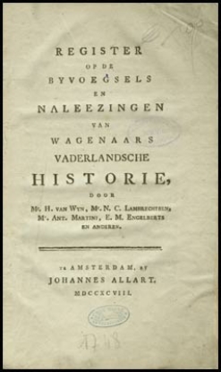 Bild von Register op de byvoegsels en naleezingen van Wagenaars vaderlandsche historie