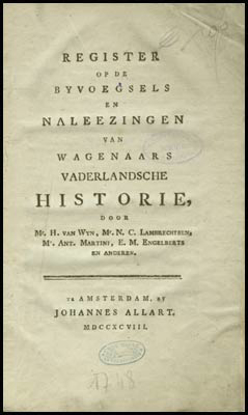 Image de Register op de byvoegsels en naleezingen van Wagenaars vaderlandsche historie