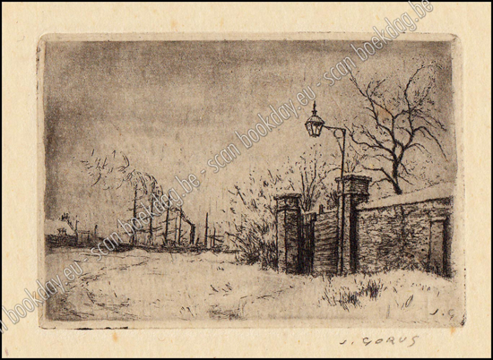 Image de Aquatint ets. Jaak GORUS. Het Kiel onder de sneeuw. Lantaarntje+poort